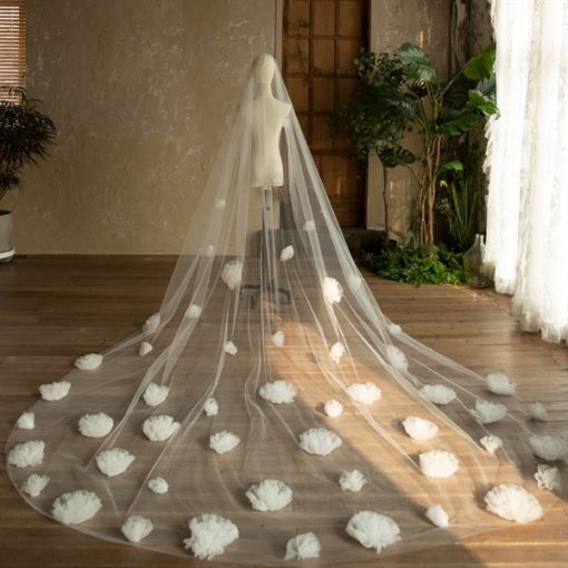 Voan Dài 1 Lớp Có Cài Đính Hoa 3D, Kích Thước 350cm, Voan Cài Tóc Cô Dâu Màu Trắng