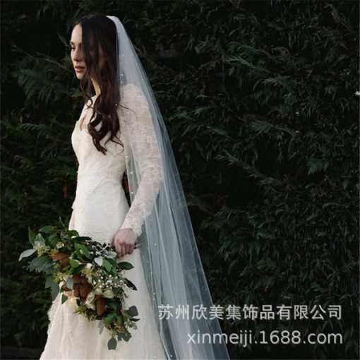 VOAN DÀI ĐÍNH HẠT TRAI 1 LỚP VOAN LÚP CÔ DÂU MÀU TRẮNG