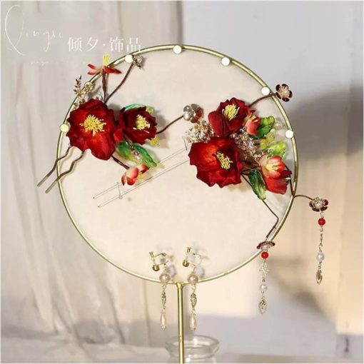Set Trâm Hoa Đỏ Mix Lá Phale Kèm Bông Tai - Hình ảnh 3