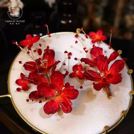 Set Cài Hoa Đỏ Mix Đá Phale Đỏ Kèm Bông Tai - Hình ảnh 3
