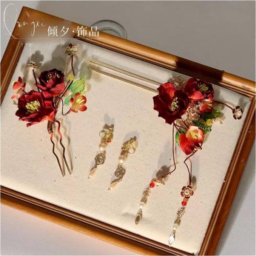 Set Trâm Hoa Đỏ Mix Lá Phale Kèm Bông Tai