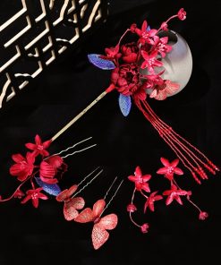 Set Trâm Hoa Đỏ 5 Món Mix Lá Xanh Kèm Bông Tai