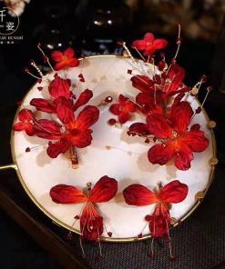 Set Cài Hoa Đỏ Mix Đá Phale Đỏ Kèm Bông Tai