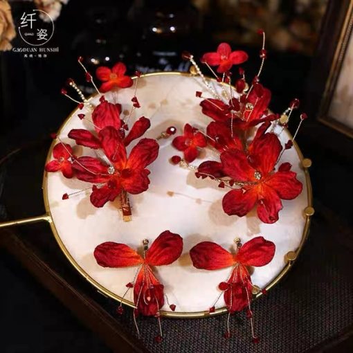 Set Cài Hoa Đỏ Mix Đá Phale Đỏ Kèm Bông Tai