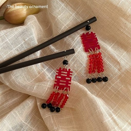 Set Trâm Chữ Hỷ Và 2 Kẹp Hình Con Cá, Trâm Cài Tóc Màu Đỏ, Phụ Kiện Cưới - Hình ảnh 2