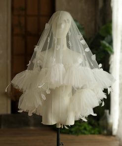 Voan Trùm Bèo Kết Lông Vũ, Kích Thước 135cm x 175cm, Voan Cài Tóc Cô Dâu Màu Trắng