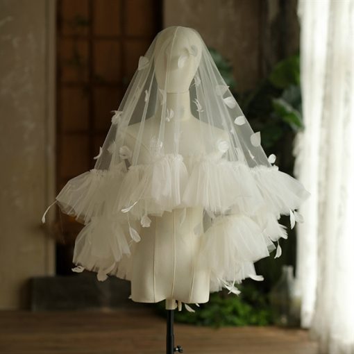 Voan Trùm Bèo Kết Lông Vũ, Kích Thước 135cm x 175cm, Voan Cài Tóc Cô Dâu Màu Trắng