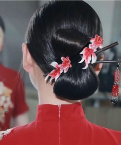Set Trâm Chữ Hỷ Và 2 Kẹp Hình Con Cá, Trâm Cài Tóc Màu Đỏ, Phụ Kiện Cưới