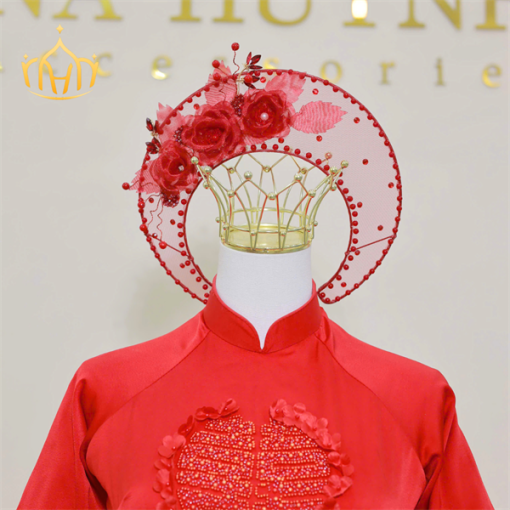Mấn Khung Kim Loại Áo Dài Cô Dâu Màu Đỏ - Hình ảnh 2
