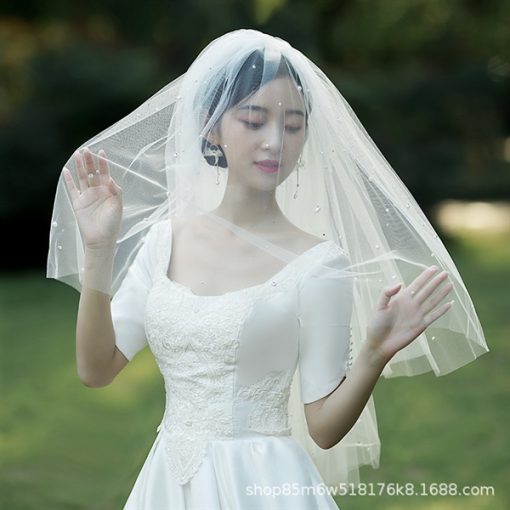 Voan Nhũ Phồng 2 Lớp Đính Ngọc Trai Rơi, Kích Thước 65cmx85cm, Voan Cài Tóc Cô Dâu Màu Trắng - Hình ảnh 4