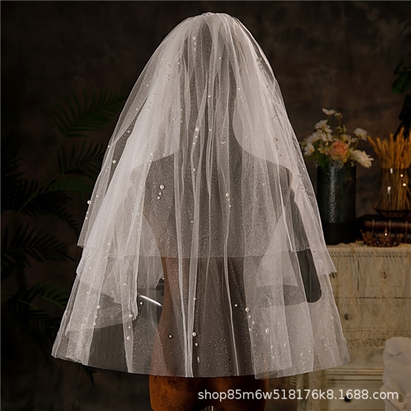 Voan Nhũ Phồng 2 Lớp Đính Cụm Ngọc Trai, Kích Thước 65cmx85cm, Voan Cài Tóc Cô Dâu Màu Trắng - - Hình ảnh 4