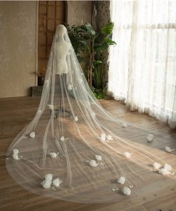 Voan Dài 1 Lớp Có Cài Đính Hoa 3D, Kích Thước 350cm, Voan Cài Tóc Cô Dâu Màu Trắng - Hoa Nhỏ Kim Sa