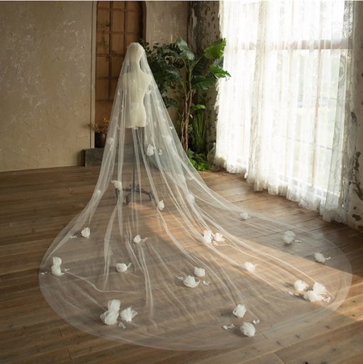 Voan Dài 1 Lớp Có Cài Đính Hoa 3D, Kích Thước 350cm, Voan Cài Tóc Cô Dâu Màu Trắng - Hoa Nhỏ Kim Sa