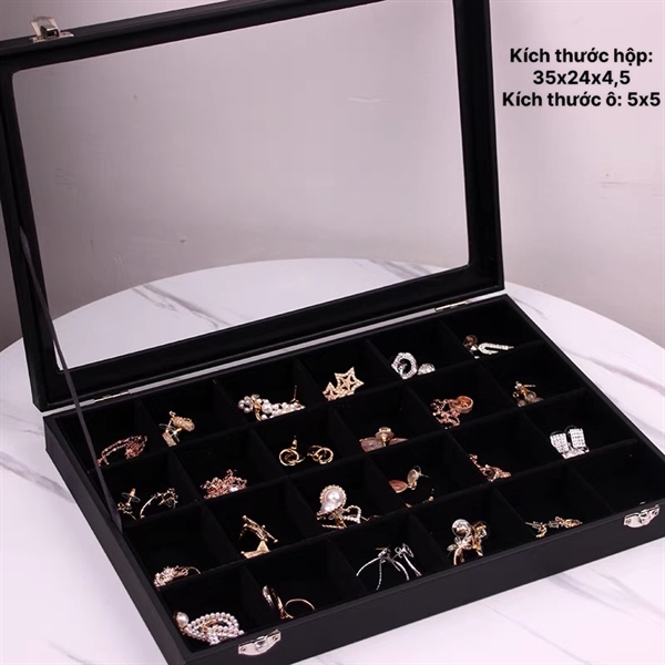 Hộp Đựng Đồ Trang Sức Chất Liệu Da Màu Đen Kích Thước 35cm x 24cm x 4,5cm - Hộp 24 Ngăn