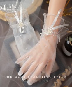 Găng Tay Voan Trắng Đính Hạt Trai 23cm -