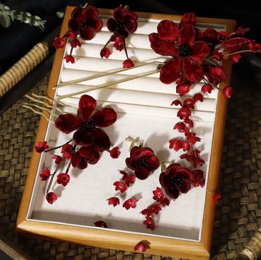 Set Trâm Đỏ 4 Món Kèm Bông Tai -