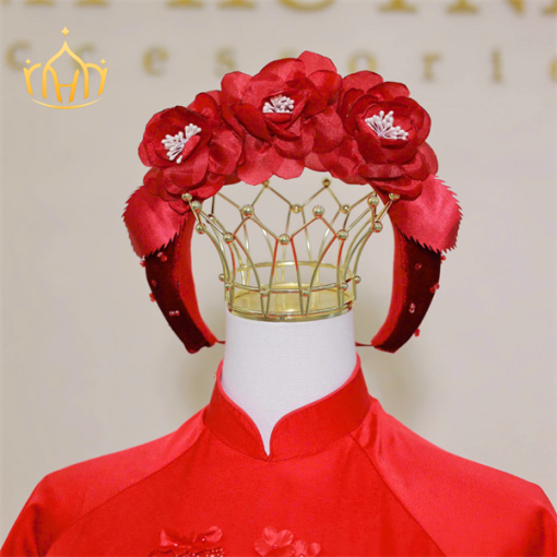 Mấn Vải Áo Dài Cô Dâu Màu Đỏ - Mấn Nhung Đỏ Đô Đính Hoa Mẫu Đơn - Hình ảnh 4