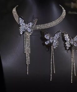 Set Choker Và Bông Tai Hồ Điệp Đá Tua Rua -