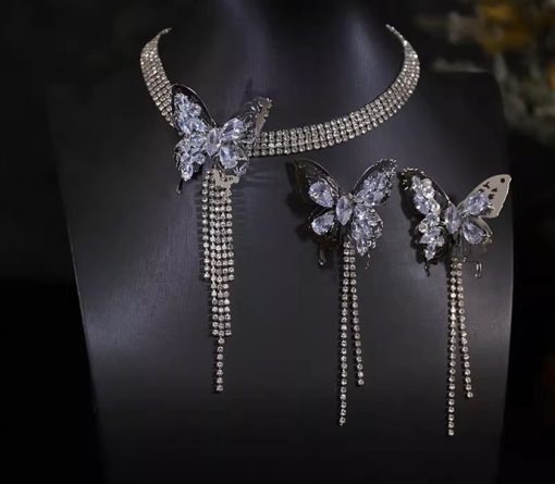 Set Choker Và Bông Tai Hồ Điệp Đá Tua Rua -