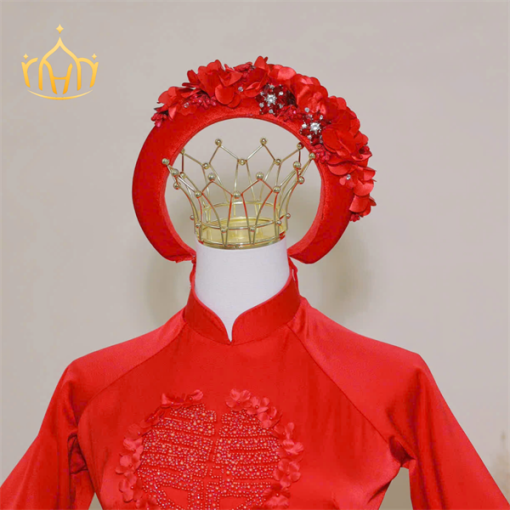 Mấn Vải Áo Dài Cô Dâu Màu Đỏ - Mấn Nhung Đỏ Tươi Đính Hoa - Hình ảnh 2
