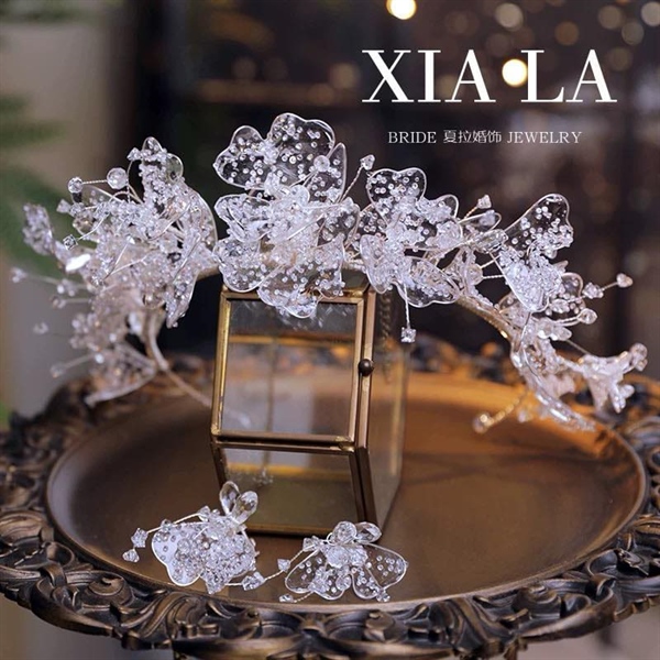 Băng Đô Đá Phụ Kiện Cài Tóc Cô Dâu - Hồ Điệp Pha Lê Kèm Bông Tai - Hình ảnh 2