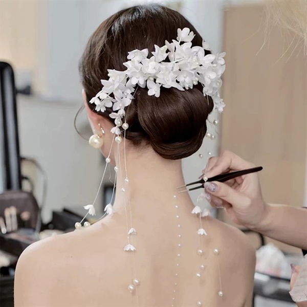 Băng Đô Cô Dâu Cài Hoa Nhẹ Nhàng, Bờm Hoa Cài Tóc - Hoa Trắng Tua Rua