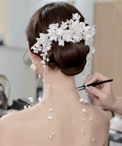 Băng Đô Cô Dâu Cài Hoa Nhẹ Nhàng, Bờm Hoa Cài Tóc - Hoa Trắng Tua Rua