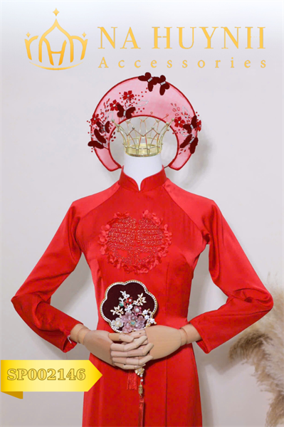 Mấn Khung Kim Loại Áo Dài Cô Dâu Màu Đỏ - Mấn Lưới Đính Hồ Điệp Mix Pha Lê Màu Đỏ Đô