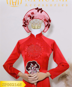 Mấn Khung Kim Loại Áo Dài Cô Dâu Màu Đỏ - Mấn Lưới Đính Hồ Điệp Mix Pha Lê Màu Đỏ Đô