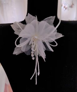 Vòng Cổ Đính Hoa Dành Cho Cô Dâu, Choker Hoa, Phụ Kiện Cưới - Dây Vải Đính Hoa Voan Cánh Nhọn Tua Ngọc Trai