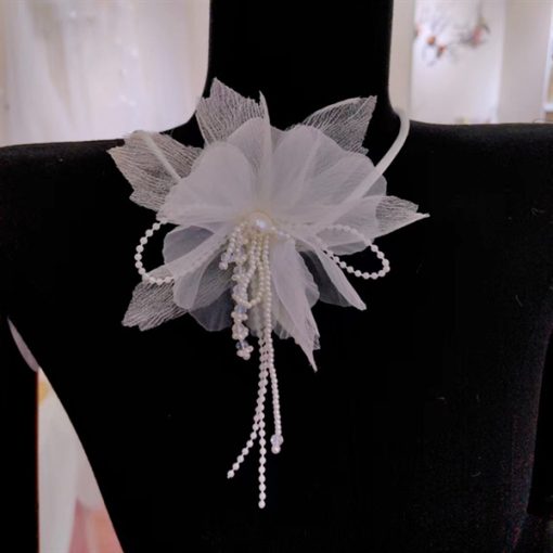 Vòng Cổ Đính Hoa Dành Cho Cô Dâu, Choker Hoa, Phụ Kiện Cưới - Dây Vải Đính Hoa Voan Cánh Nhọn Tua Ngọc Trai