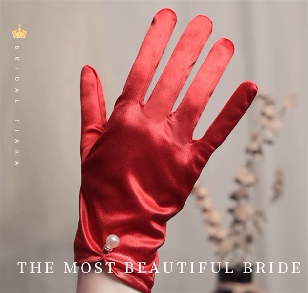 Găng Tay Đỏ Ngắn 23cm - đỏ đính hạt trai - Hình ảnh 2