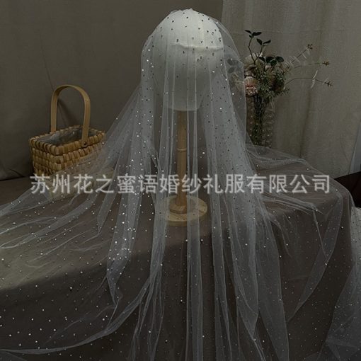 Voan Dài 1 Lớp Có Cài Đính Đá Và Ngọc Trai, Kích Thước 300cm, Voan Cài Tóc Cô Dâu Màu Trắng - - Hình ảnh 4