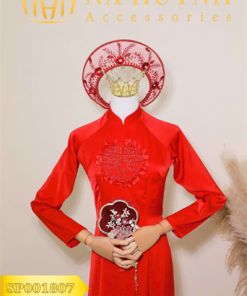 Mấn Khung Kim Loại Áo Dài Cô Dâu Màu Đỏ - Mấn Lưới Viền Ngọc Trai Đính Hoa Mai Màu Đỏ Đô