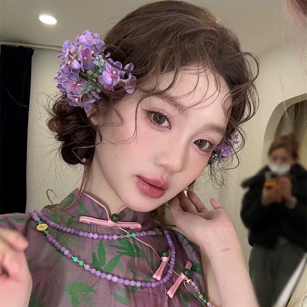 Set 5 Món Trâm Hoa Lụa - Tím - Hình ảnh 2