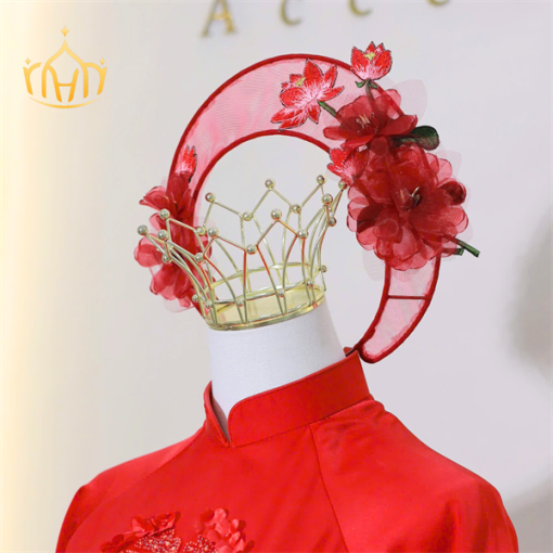 Mấn Khung Kim Loại Áo Dài Cô Dâu Màu Đỏ - Mấn Lưới Đính Hoa Voan Đỏ - Hình ảnh 2
