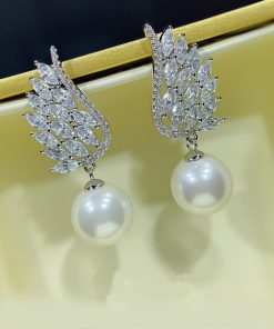 Bông Tai Đá Mix Hạt Trai Phụ Kiện Cưới - đôi cánh ngọc trai