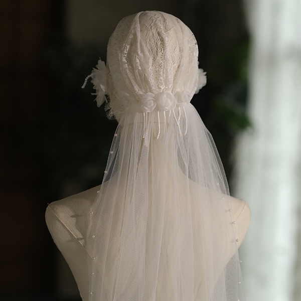 MŨ VOAN ĐÍNH REN HOA VIỀN HẠT TRAI ĐÍNH HOA HỒNG 162CM PHỤ KIỆN CÔ DÂU PHỤ KIỆN CHỤP HÌNH -