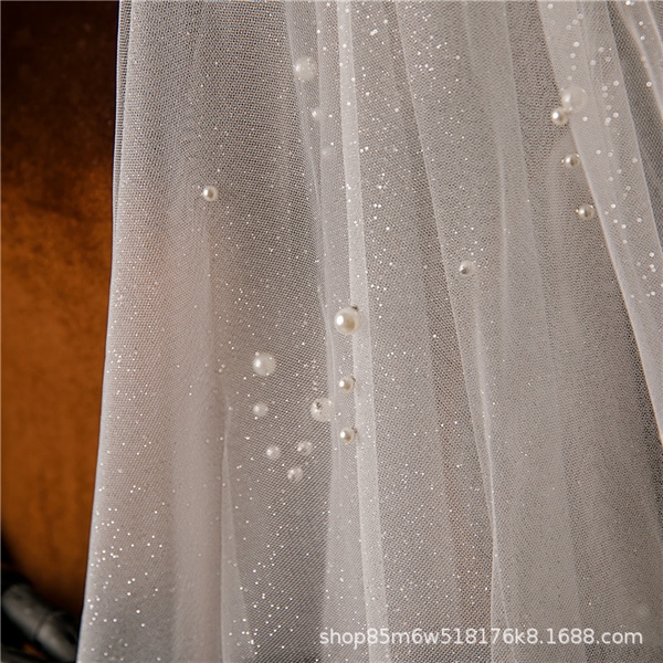 Voan Nhũ Phồng 2 Lớp Đính Cụm Ngọc Trai, Kích Thước 65cmx85cm, Voan Cài Tóc Cô Dâu Màu Trắng - - Hình ảnh 2