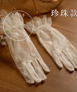 Găng Tay Voan Ren Màu Trắng Kem Dài 23cm - Đính Ngọc Trai