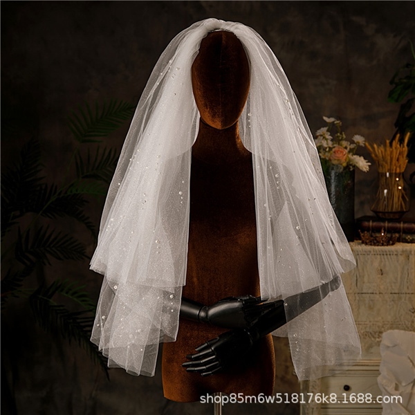 Voan Nhũ Phồng 2 Lớp Đính Cụm Ngọc Trai, Kích Thước 65cmx85cm, Voan Cài Tóc Cô Dâu Màu Trắng - - Hình ảnh 3