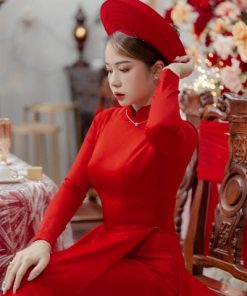 Khăn Đóng Áo Dài Cô Dâu - Đỏ Tươi Truyền Thống 35 Vòng