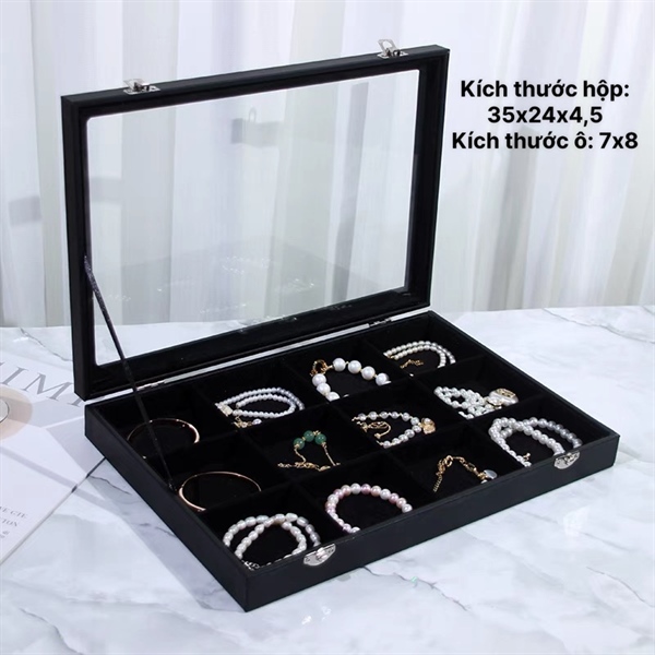 Hộp Đựng Đồ Trang Sức Chất Liệu Da Màu Đen Kích Thước 35cm x 24cm x 4,5cm - Hộp 12 Ngăn