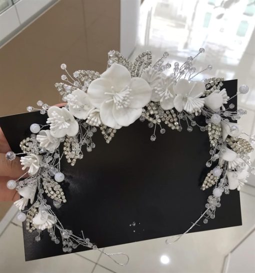 Băng Đô Cô Dâu Cài Hoa Nhẹ Nhàng, Bờm Hoa Cài Tóc - Hoa Trắng Mix Lá Đá Pha Lê