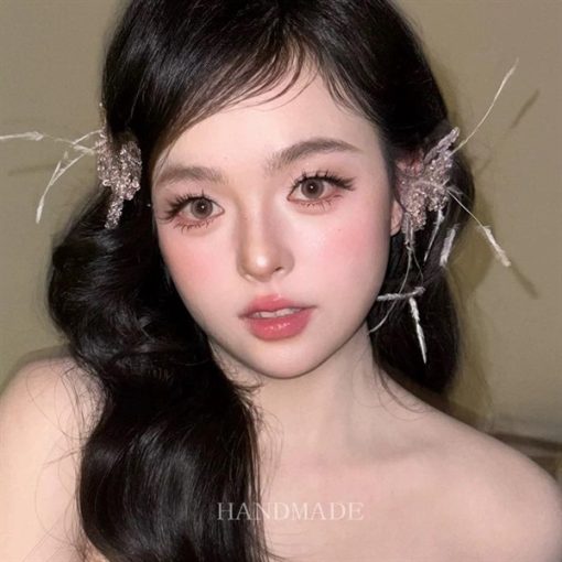 Set Bông Tai Hồ Điệp Pha Lê Hồng Mix Lông Vũ - - Hình ảnh 3