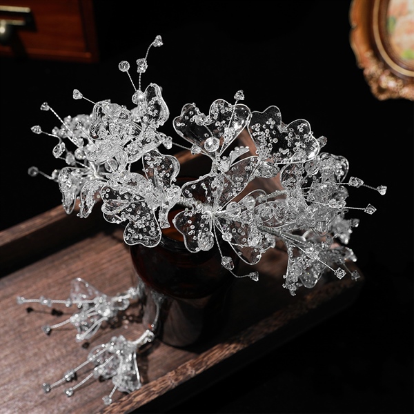 Băng Đô Đá Phụ Kiện Cài Tóc Cô Dâu - Hồ Điệp Pha Lê Kèm Bông Tai - Hình ảnh 4