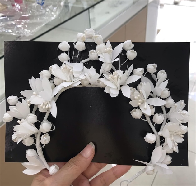 Băng Đô Cô Dâu Cài Hoa Nhẹ Nhàng, Bờm Hoa Cài Tóc - Hoa Trắng Mix Nhụy Hạt Trai