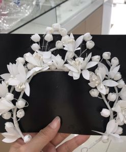 Băng Đô Cô Dâu Cài Hoa Nhẹ Nhàng, Bờm Hoa Cài Tóc - Hoa Trắng Mix Nhụy Hạt Trai