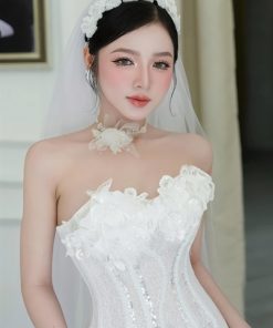 Băng Đô Cô Dâu Cài Hoa Nhẹ Nhàng, Bờm Hoa Cài Tóc - Hoa Ren Trắng Đính Đá