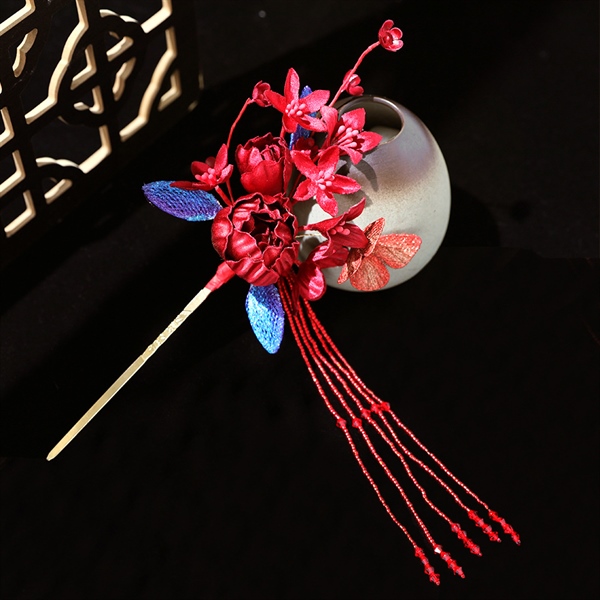 Set Trâm Hoa Đỏ 5 Món Mix Lá Xanh Kèm Bông Tai - - Hình ảnh 2